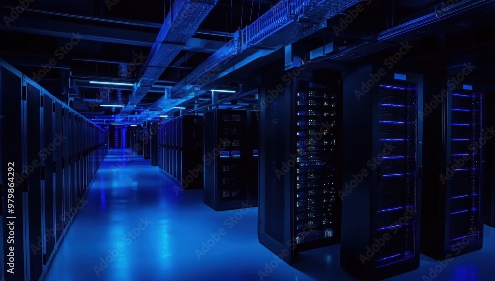 A large server room with rows of black and blue data center racks, illuminated by LED lights, with high-tech equipment in the background Generative AI A large server room with rows of black and blue data center racks, illuminated by LED lights, with high-tech equipment in the background Generative AI