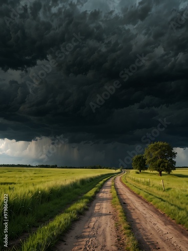 Summer landscape with road, green grass, and dark storm clouds.