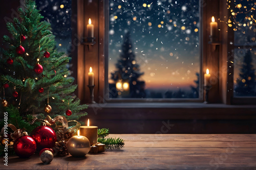 Empty wooden table, candle, ball christmas tree, lights on background, blurred bokeh. Christmas mock up banner to display, advertise product, promotion sale, presentation. New year, winter background.