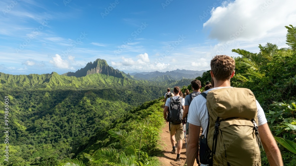 Group of hikers exploring a lush green landscape with mountains under a bright blue sky. Adventure and nature await. Group of hikers exploring a lush green landscape with mountains under a bright blue sky. Adventure and nature await.