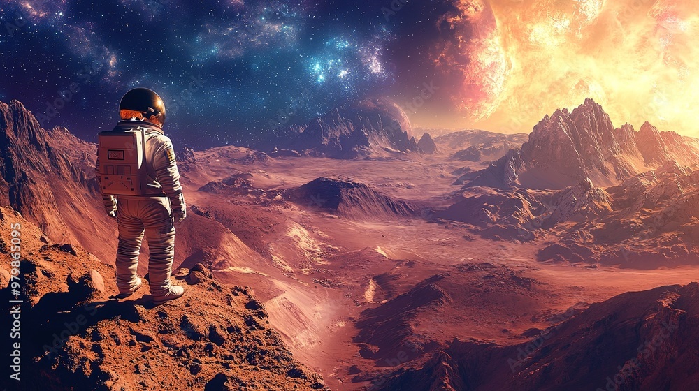 Fototapeta premium Astronaut amidst Mars' rugged landscape
