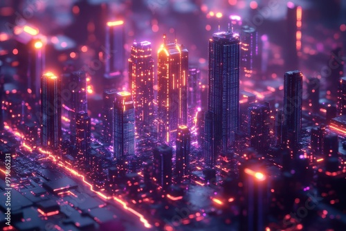 Wallpaper Mural futuristic cityscape with glowing data grids neon blue and purple hues miniature skyscrapers emerge from digital landscape cyberpunk aesthetic hightech atmosphere Torontodigital.ca