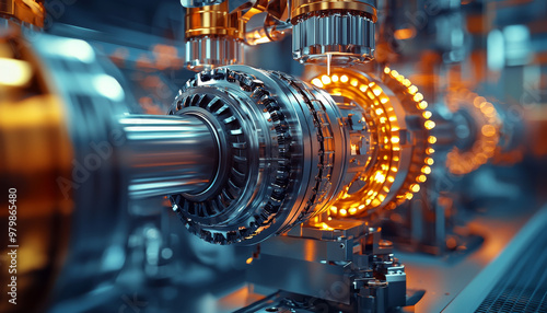 Close up of robotic arm assembling car, showcasing intricate machinery and glowing components