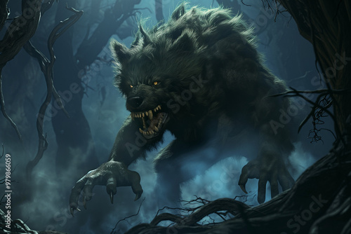 An AI-generated fantasy scene featuring a terrifying werewolf in a dark forest photo