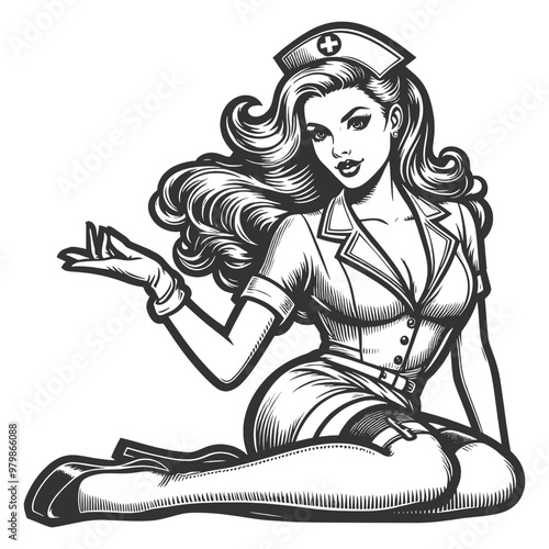 glamorous pin-up nurse wearing a classic uniform, sitting in a playful pose, sketch engraving generative ai fictional character vector illustration. Scratch board imitation. Black and white image.