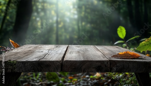 A weathered wooden table in a sunlit forest clearing, surrounded by leaves and plants, ready for a nature-inspired product display.