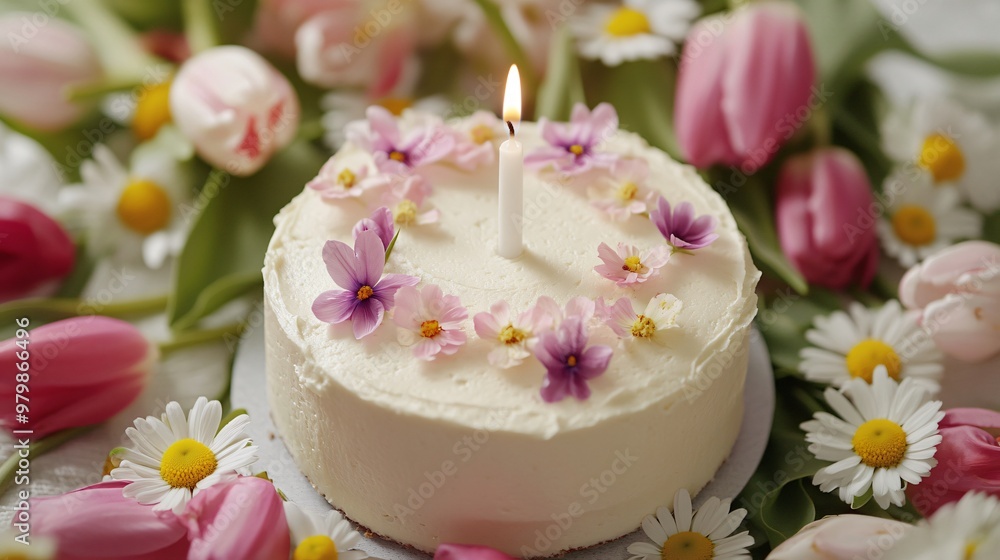 A minimalist birthday cake with a single white candle, topped with delicate edible violets, set amidst a bed of fresh tulips and daisies A minimalist birthday cake with a single white candle, topped with delicate edible violets, set amidst a bed of fresh tulips and daisies