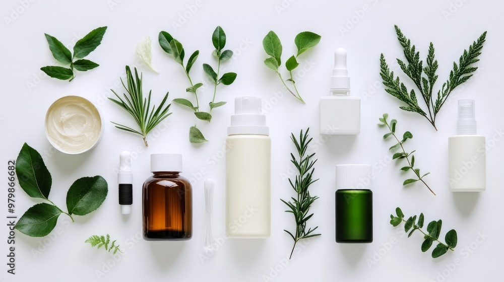 Beautiful skincare products showcased with lush green foliage on a clean white backdrop, emphasizing organic beauty and well being. Vegan, environmentally conscious, and holistic methods Beautiful skincare products showcased with lush green foliage on a clean white backdrop, emphasizing organic beauty and well being. Vegan, environmentally conscious, and holistic methods