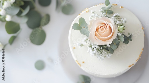 A minimalist white birthday cake with gold leaf accents and a single fresh rose on top, surrounded by a simple arrangement of eucalyptus and baby's breath photo