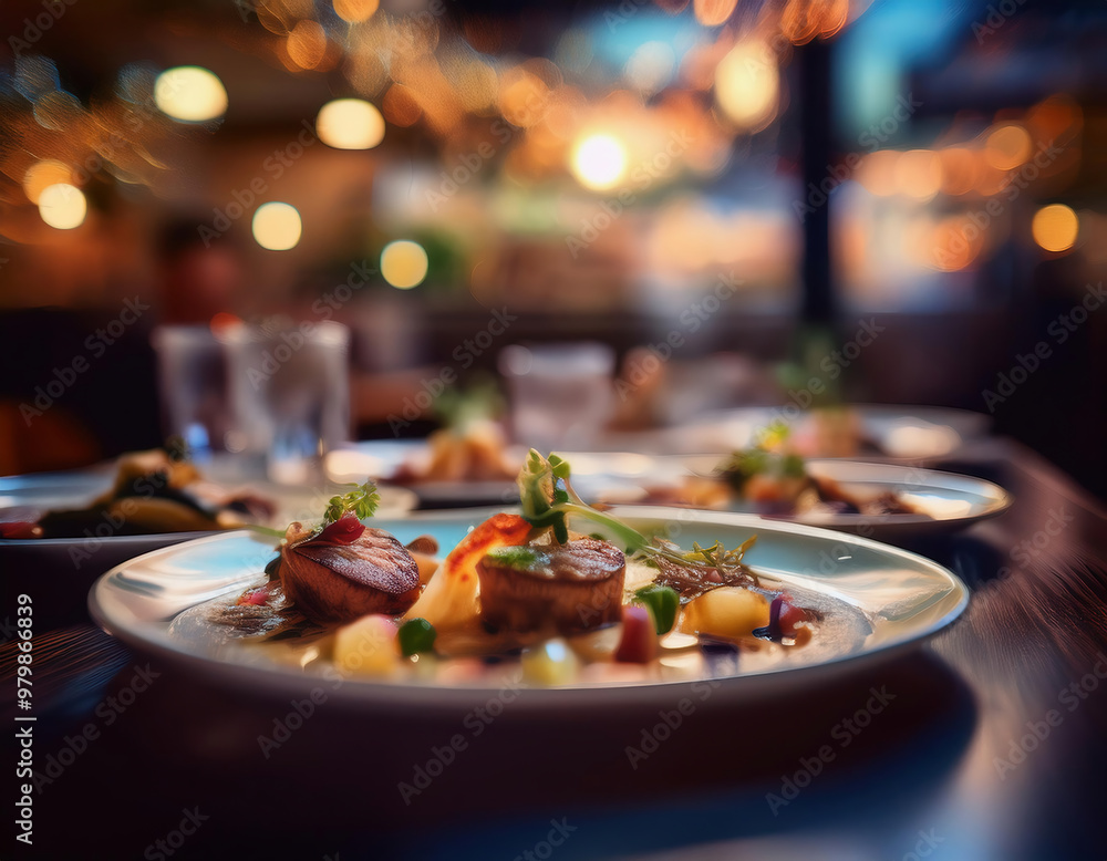 Restaurant table setting with a delicious fine dining food. Food styling and restaurant meal serving. Restaurant table setting with a delicious fine dining food. Food styling and restaurant meal serving.