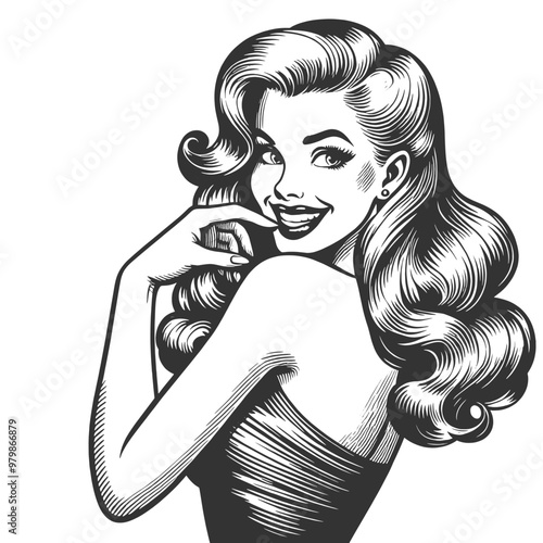Playful smiling beautiful young woman flirty biting her finger sketch engraving generative ai fictional character vector illustration. Scratch board imitation. Black and white image.