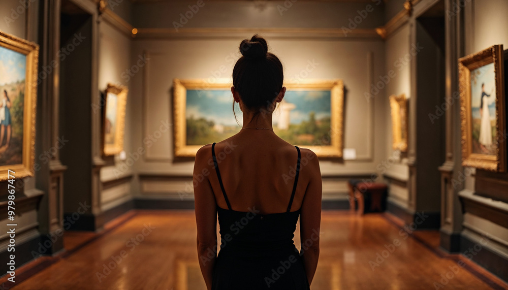 Back portrait of an adult woman in elegant attire, standing in a historic art gallery, with a focus on the contrast between her modern outfit and the museum's classic architecture.
Back portrait of an adult woman in elegant attire, standing in a historic art gallery, with a focus on the contrast between her modern outfit and the museum's classic architecture.