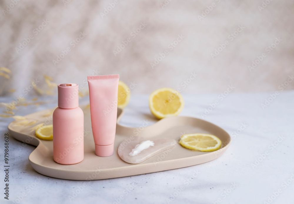Vitamin C face cream and tonic with lemon slices on shadows background Vitamin C face cream and tonic with lemon slices on shadows background