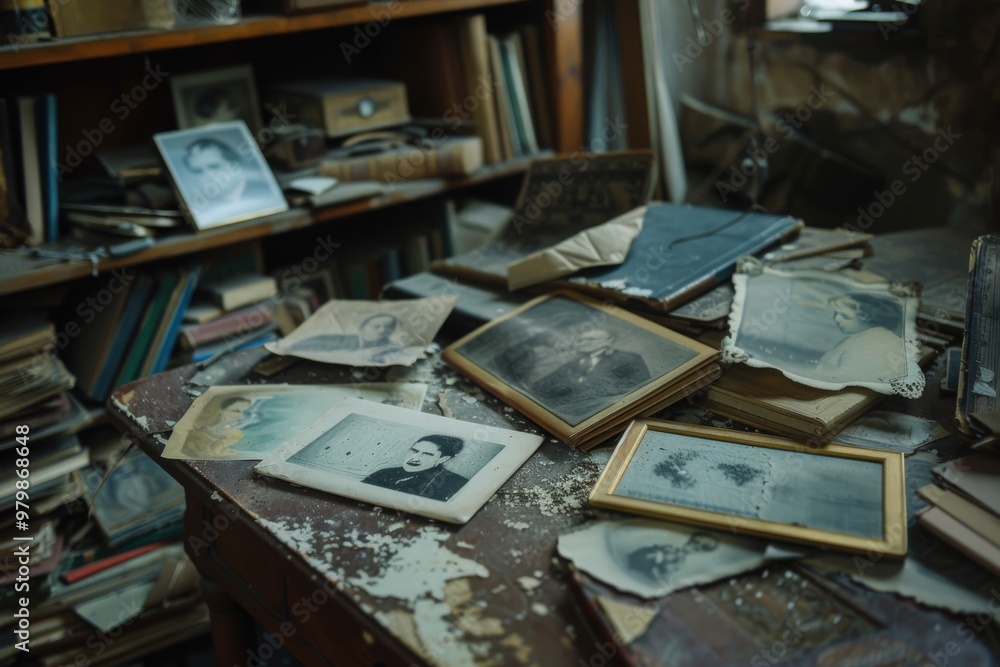 A table covered in old photographs, generative ai image A table covered in old photographs, generative ai image