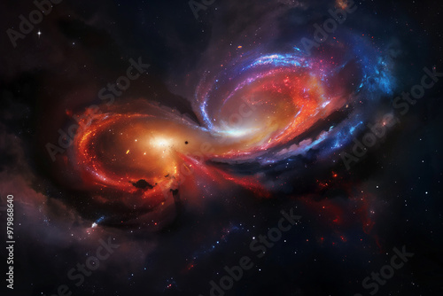 The image features two galaxies merging, with their swirling arms and bright core regions casting vivid, multicolored light into the surrounding darkness