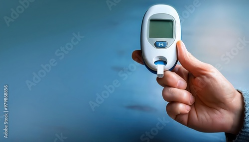 A hand holds a blood glucose monitor, a device used to check blood sugar levels.