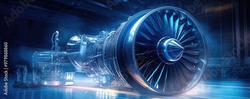 Aircraft engine dismantled in a hangar blue color