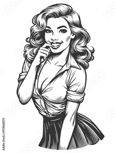 Playful smiling beautiful young woman flirty biting her finger sketch engraving generative ai fictional character vector illustration. Scratch board imitation. Black and white image.