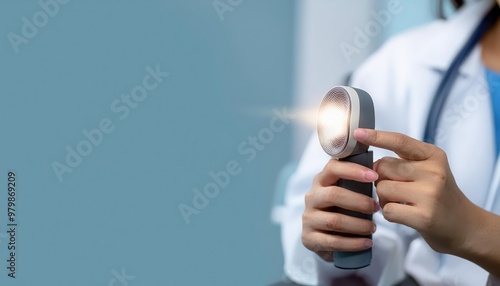 Close-up of a doctor's hand holding a medical otoscope with a bright light.  The doctor is wearing a white coat and stethoscope.  The background is a soft blue. photo