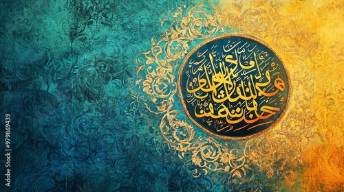 This captivating image features an intricate Arabic calligraphy message inscribed in golden script, set against a stunning teal and gold backdrop. The calligraphy, a testament to Islamic artistry, sym