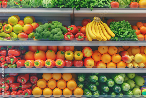 The shelf is stocked with a colorful variety of produce, including fresh apples, oranges, bananas, leafy greens, tomatoes, and bell peppers