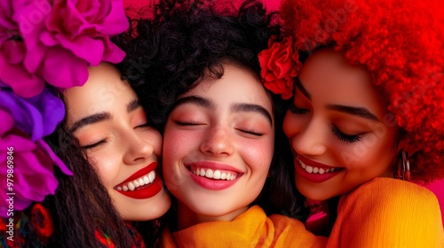 Three young women of different ethnicities share a warm embrace, their eyes closed in a moment of pure joy. The vibrant colors and their bright smiles convey a sense of unity, connection, and genuine 