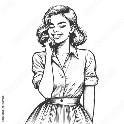 Playful smiling beautiful young woman flirty sketch engraving generative ai fictional character vector illustration. Scratch board imitation. Black and white image.