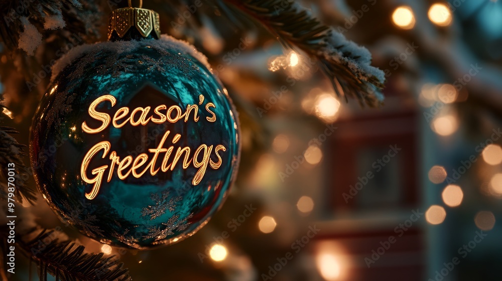 Blue christmas ornament with the inscription season's greetings hanging on a snow covered christmas tree branch against a blurred background with bokeh