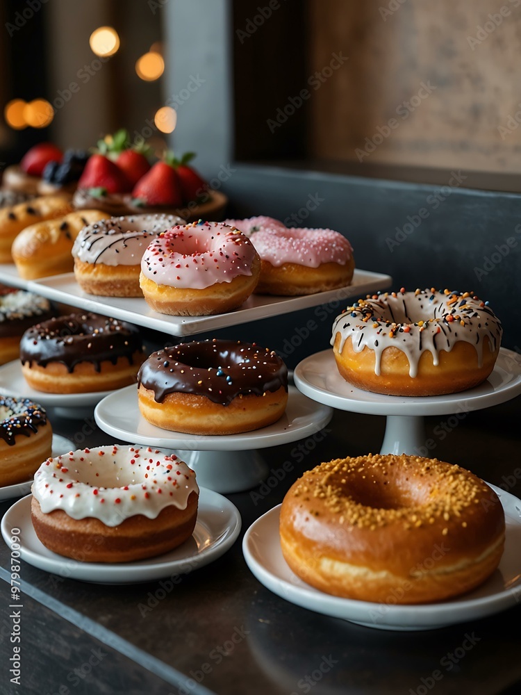 Tempting display of cakes and donuts.
