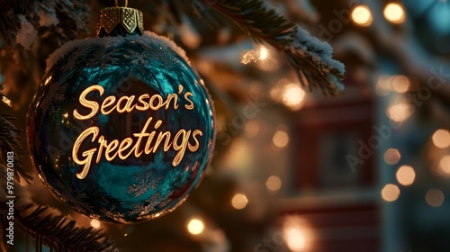 Obraz na płótnie Blue christmas ornament with the inscription season's greetings hanging on a snow covered christmas tree branch against a blurred background with bokeh w salonie