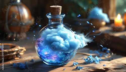 Enchanting bottle of magical elixir with swirling blue clouds rising within photo