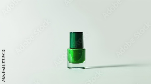 Colorful green nail polish bottle on white background in studio photo