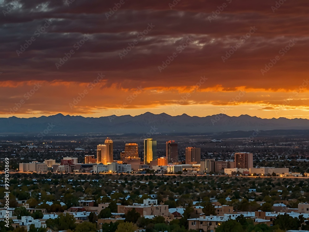 Fototapeta premium The Albuquerque skyline under a brilliant sunset.
