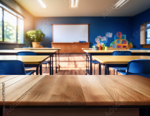 Empty wooden table and chairs in a school classroom. Blurred background.