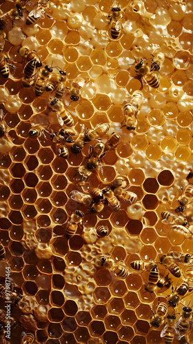 Intricate Beehive with Busy Bees Showcasing Natural Harmony and Efficiency