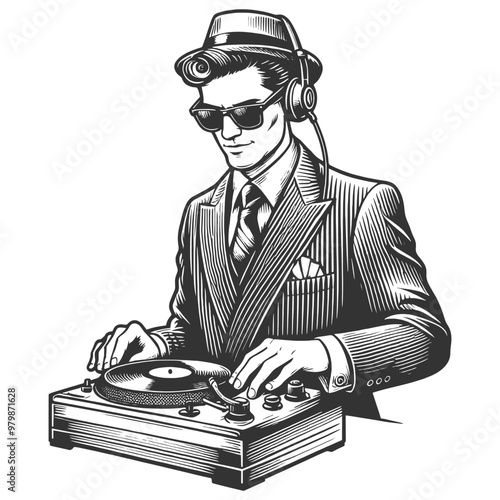 vintage DJ, mixing music on turntable, classic elegance with modern music culture sketch engraving generative ai fictional character vector illustration. Scratch board imitation. Black and white image