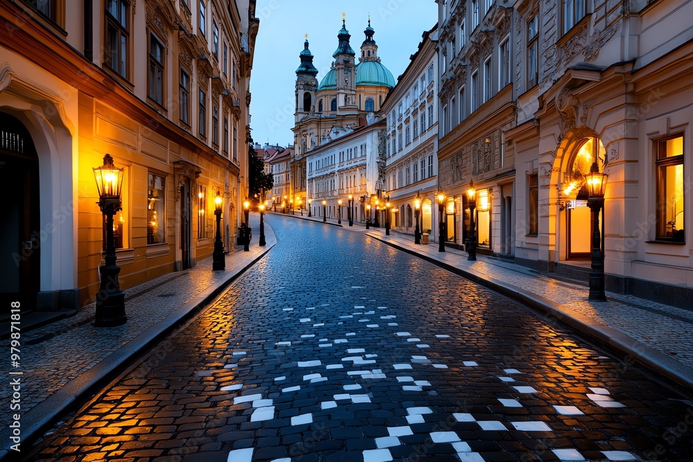 Fototapeta premium A romantic evening in MalÃ¡ Strana, with gas lamps lighting the narrow cobblestone streets and historic buildings