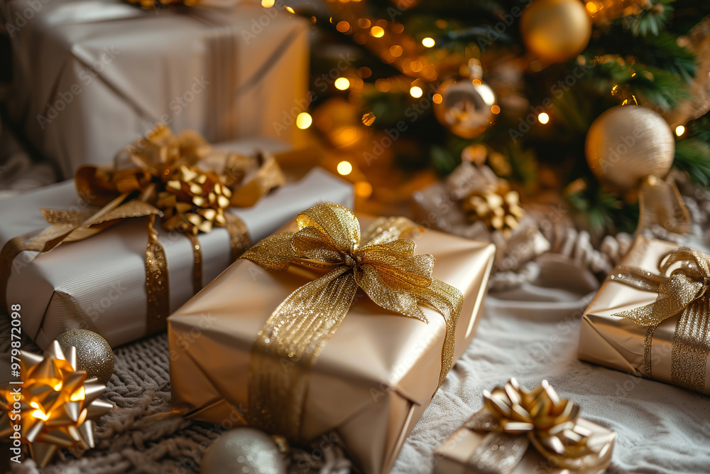 Christmas tree new year background in beige colors - gift boxes and stars in beige colors near decorated christmas tree. Christmas tree new year background in beige colors - gift boxes and stars in beige colors near decorated christmas tree.