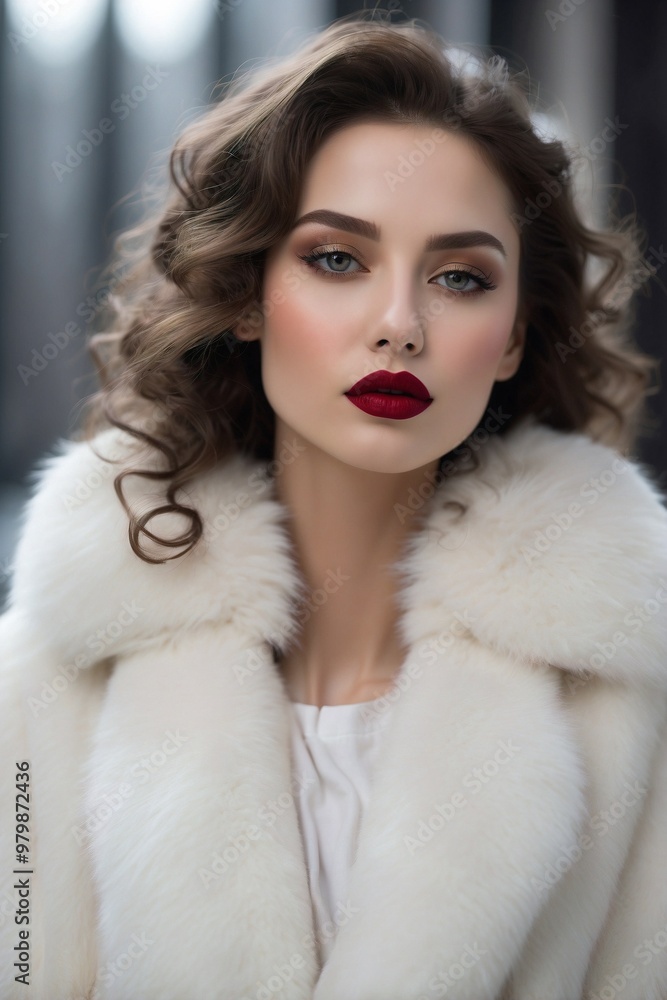 Beautiful Woman in a White Sweater and White Fur Coat with Dark Red Lips Beautiful Woman in a White Sweater and White Fur Coat with Dark Red Lips