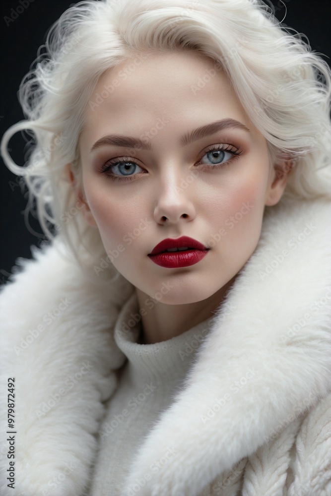 Beautiful Woman in a White Sweater and White Fur Coat with Dark Red Lips Beautiful Woman in a White Sweater and White Fur Coat with Dark Red Lips
