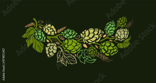 Hops and malt for beer brewing Vintage art border