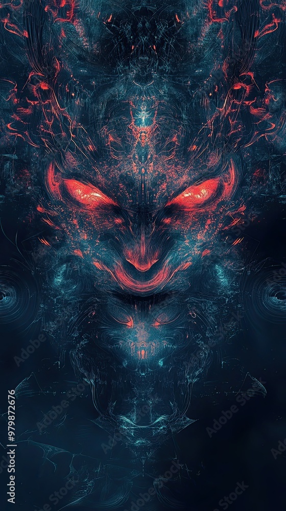 A demonic face with red eyes and a blue background A demonic face with red eyes and a blue background