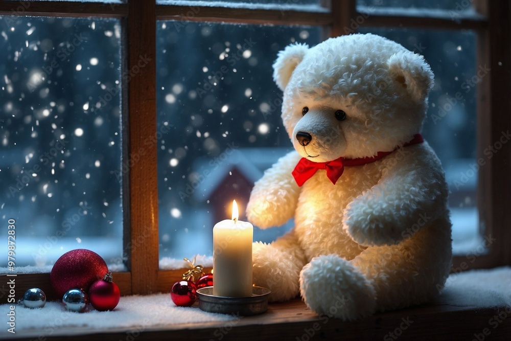 White Plush Bear on the Windowsill Watching Snowflakes Outside and a Bright Christmas Tree