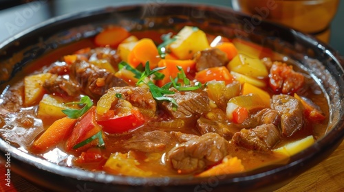 A bowl of stew with meat and vegetables