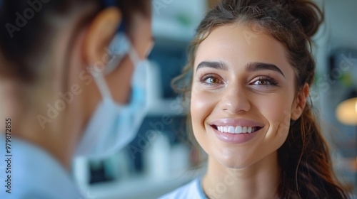 A young woman smiles happily at a doctor, showing off her healthy, white teeth.