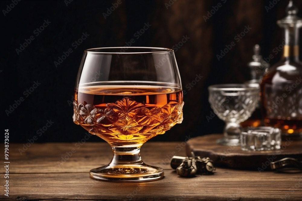 Glass of Cognac on a Wooden Table Against a Cozy Interior Background Glass of Cognac on a Wooden Table Against a Cozy Interior Background