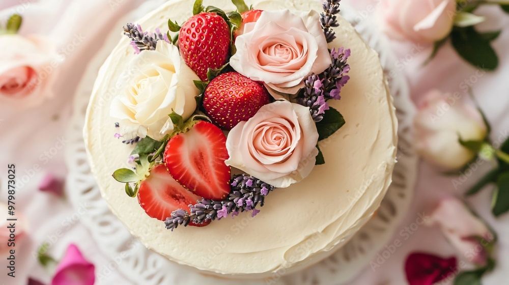 A simple single-layer vanilla cake topped with fresh strawberries and lavender, surrounded by an elegant ring of pink and white roses A simple single-layer vanilla cake topped with fresh strawberries and lavender, surrounded by an elegant ring of pink and white roses