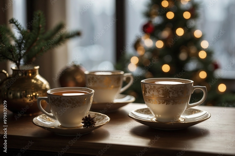 Cups of Fragrant Tea and Hot Chocolate Comfortably Set on a Table in Front of a Window Cups of Fragrant Tea and Hot Chocolate Comfortably Set on a Table in Front of a Window