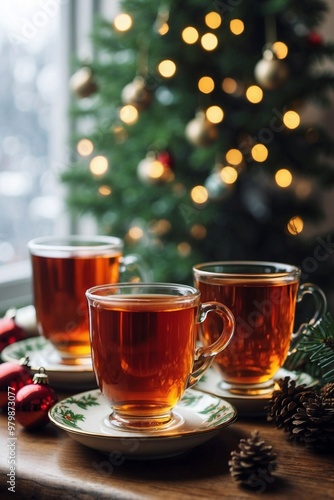 Cups of Fragrant Tea and Hot Chocolate Comfortably Set on a Table in Front of a Window