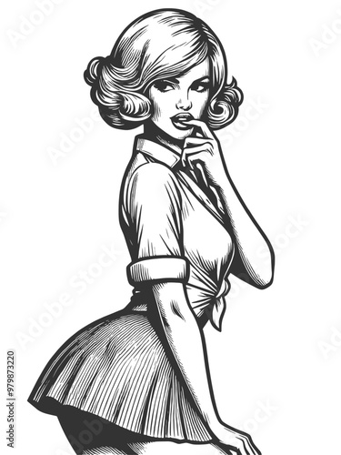 Playful smiling beautiful young woman flirty biting her finger sketch engraving generative ai fictional character vector illustration. Scratch board imitation. Black and white image.